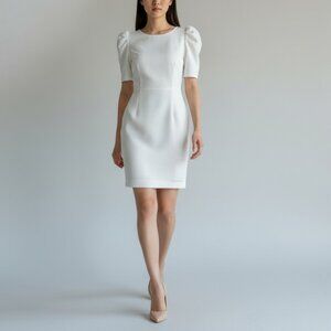 Calvin Klein White Puff Sleeve Sheath Dress US 4 Exposed Gold Zipper, EUC